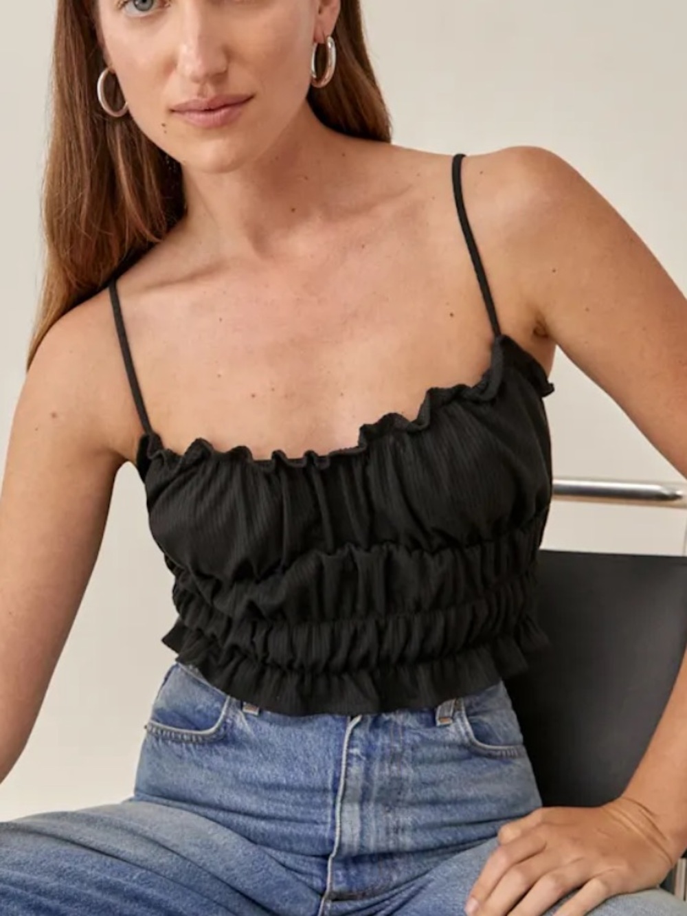 Reformation Irene Black Ruched Crop Top Size S